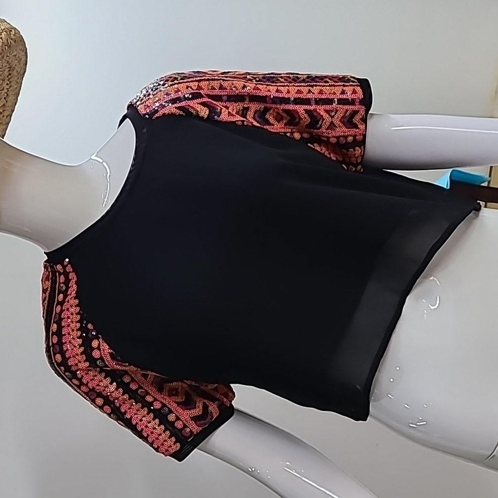 Valija Asymmetrical Hem Multi-Color Sequin Printed Sleeves Cropped Festival Top